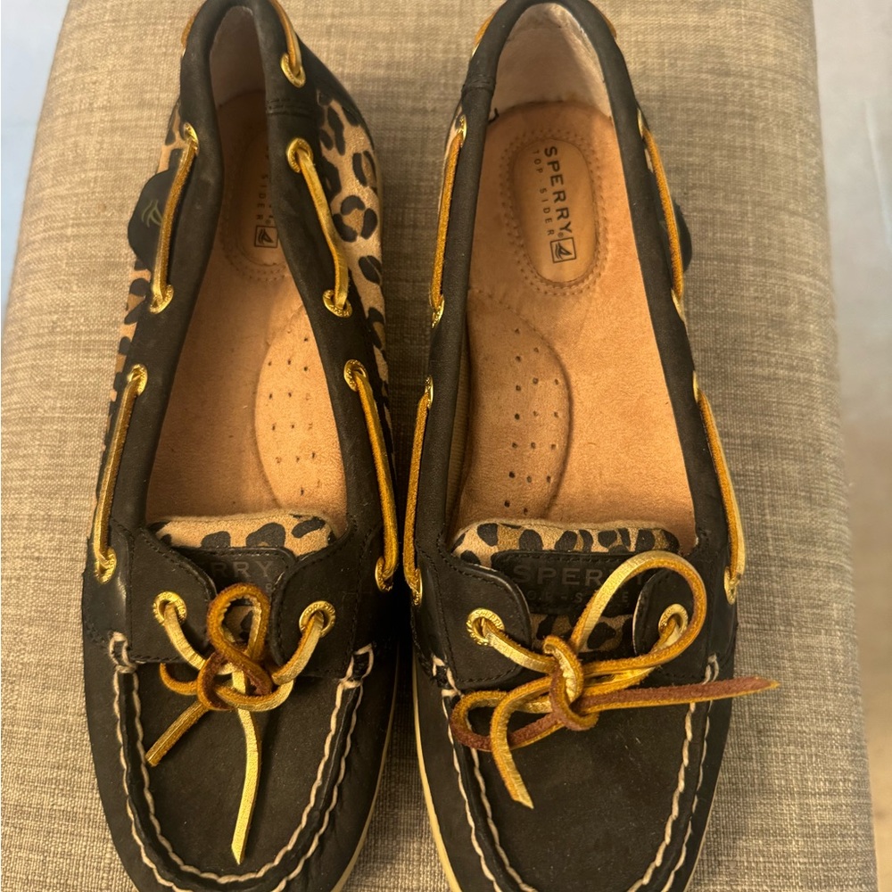 Sperry Black Leather Leopard Accent Boat Shoes